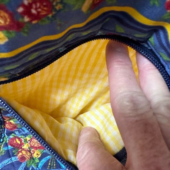 Blue Cotton Tote Handbag Red and Yellow Floral Pattern - Picture 4 of 7